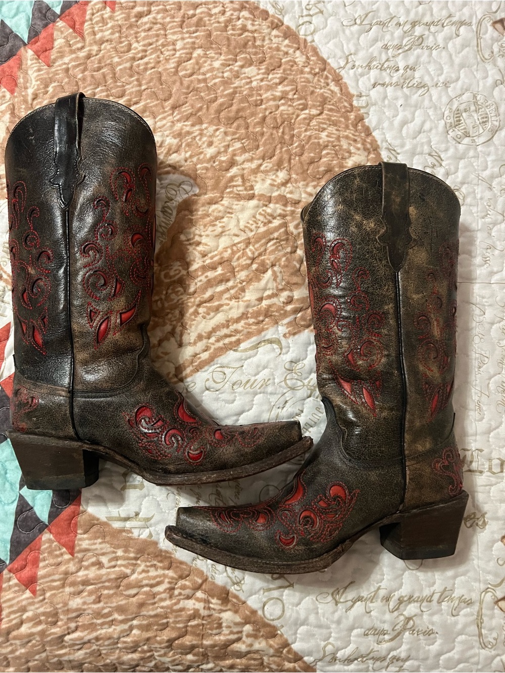 Distressed Brown Leather Cowboy Boots with Red Inlay